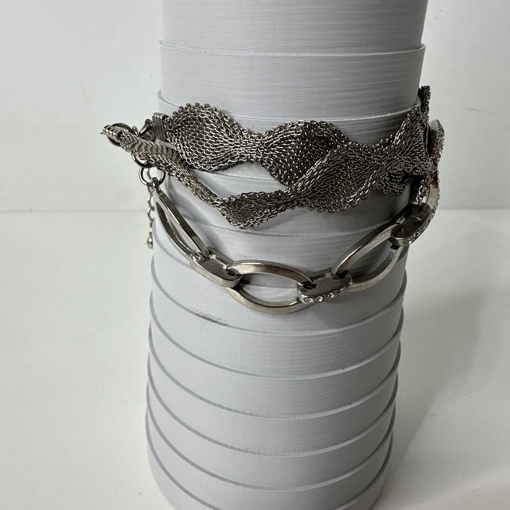 Layered Silver Tone Mesh Bracelet Multi‎ Strand Rhinestone Oval Statement Event